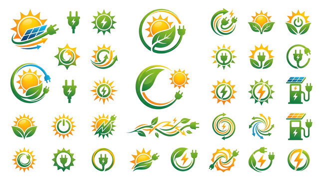 Eco-Friendly Energy Logos: A collection of vibrant logos symbolizing solar and renewable energy, featuring sun, leaf, and plug icons, representing a commitment to sustainability.