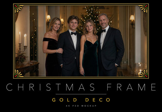 Christmas Gold Art Deco Photo Frame Overlay - Elegant Metallic Gold Border with Fir Sprigs and Red Berries, Your Photo Fills the Whole Frame, Holiday Card & Festive Marketing Template, Editable PSD