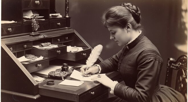 Victorian woman writing a letter with a feather quill at an antique writing desk. Historical correspondence, literature, education, and heritage communication concept.
