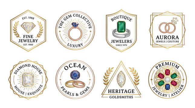 Jewelry Badges Collection: A set of elegant badges and emblems for jewelry stores, showcasing diamonds, rings, gemstones, and pearls with a luxurious and sophisticated aesthetic.