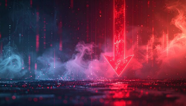 Red arrow descending through digital haze, clean fintech risk background