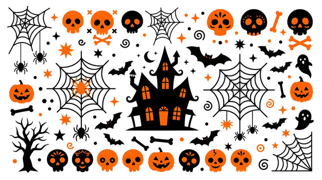 Spooky Halloween Collection: A vibrant assortment of classic Halloween motifs including a haunted mansion, skulls, spiders, bats, and pumpkins, perfect for festive decorations and design.