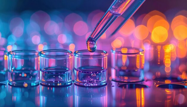 Close-up of scientific pipette transferring liquid into microplate during laboratory analysis