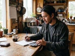 Fototapeta premium Indigenous Male Worker Planning September Seasonal Wages in Rustic Dining Space