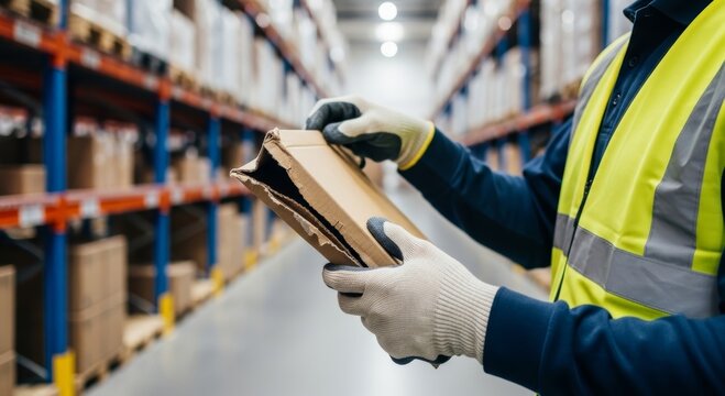 Warehouse worker inspecting damaged cardboard box in storage aisle. Logistics quality control, inventory management, packaging inspection, supply chain and workplace safety concept.
