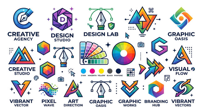 Creative Design Elements: A vibrant collection of modern graphic design logos, icons, and visual elements showcasing creativity, branding, and digital art, ideal for design agencies and studios.