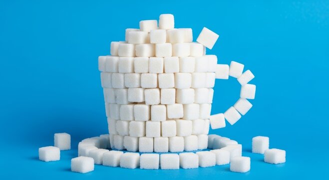 White sugar cube mug with handle and scattered cubes on blue background. Sweet beverage concept illustrating sugar consumption, calorie awareness, diabetes and unhealthy diet.