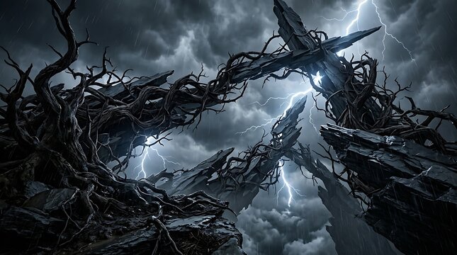 Dark spooky forest with twisted dead trees and lightning strikes in a stormy night sky