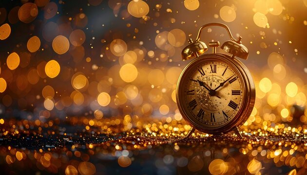 Minimal clock approaching midnight with golden bokeh, sophisticated New Year background, no numbers visible