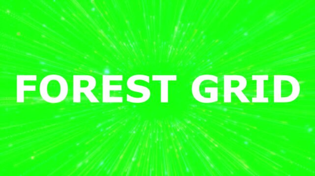Typography reading FOREST GRID is displayed in bold white text centered against a vivid green chroma key background with radial light bursts.
