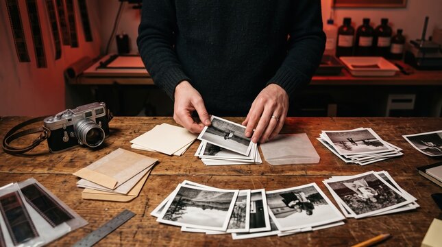 Hands sorting vintage photographs