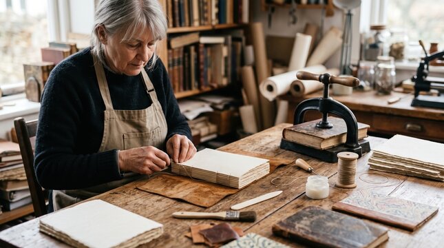 Woman bookbinding in craft workshop