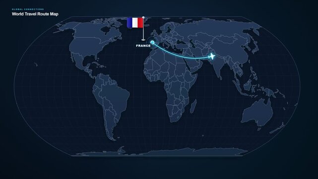 Digital world map footage displaying an international travel route from France to China with highlighted locations and a connecting flight path