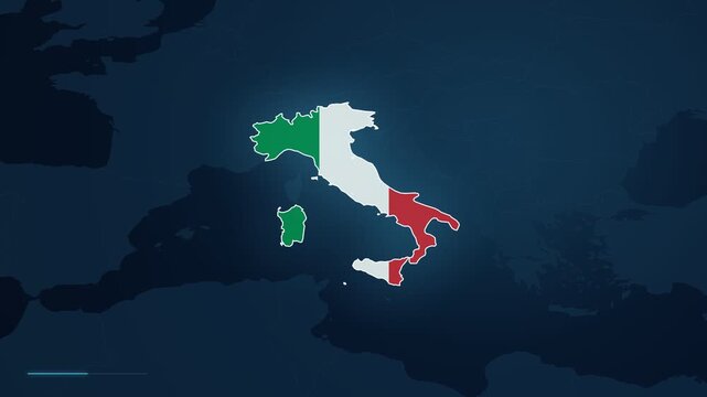 Digital map footage zooming in to highlight the city of Rome in Italy, Europe, with a location pin and geographic locator displayed