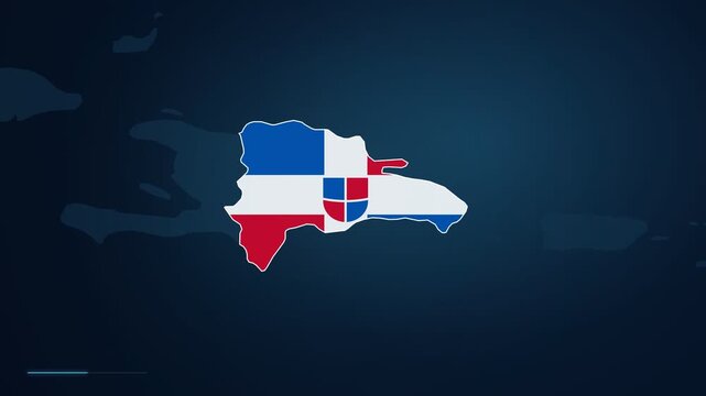 Digital map footage zooming in to highlight the city of Puerto Plata in the Dominican Republic, North America, with a location pin and geographic locator displayed