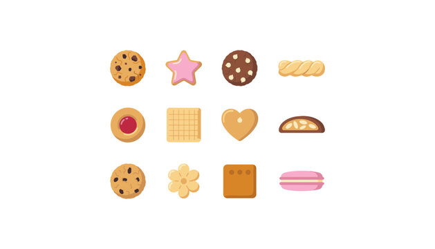 Vector collection of delicious sweet cookies, chocolate chip biscuits, gingerbread, wafer, and macaron treats for bakery shop menus and cafe desserts.
