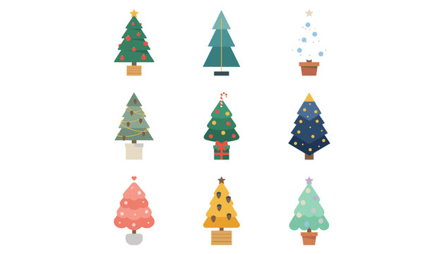 Minimalist vector set of colorful decorated Christmas trees with baubles, lights, and stars for winter holiday greeting cards and festive party designs.