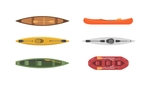 Vector flat icon set of watercrafts including kayaks, canoes, and inflatable rafts from a top view perspective for outdoor lake adventures.