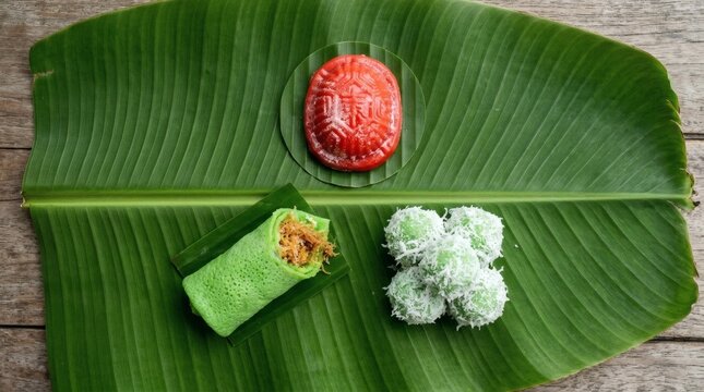 Top view of traditional Asian sweets Dadar Gulung, Klepon, and Ang Ku Kueh on banana leaf