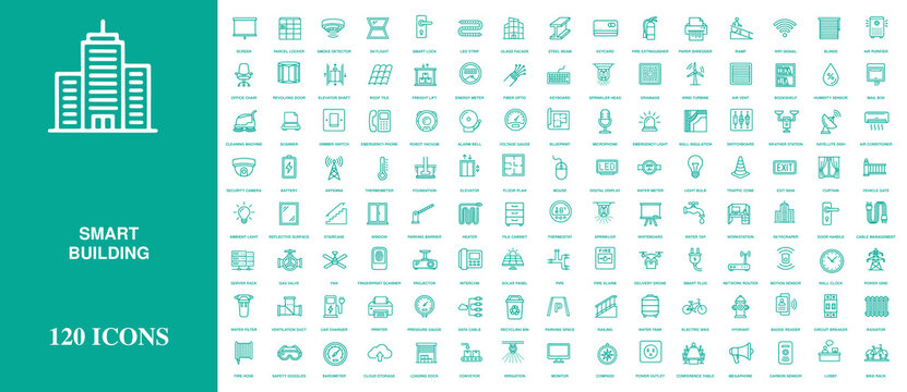 Smart building and modern urban infrastructure icon set featuring one hundred twenty thin line symbols for architectural and property management applications