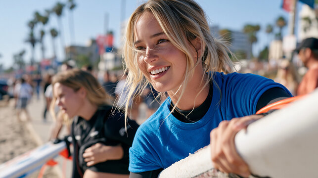 A surf instructor braces against a crowded beach promenade gripping a paddleboard, a trainee surfer beside her suddenly clutching her abdomen in sharp pain, bystanders blurring past, capturing an ec