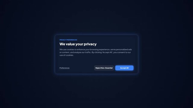 Privacy Preferences Cookie Consent Pop-Up Banner, Dark UI Mode User Interface Element, Website GDPR Compliance Overlay Screen Animation