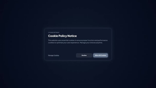 Cookie Policy Notice Pop-Up Dialog Box, Modern Dark Theme Website GDPR Privacy Consent Banner Animation UI UX