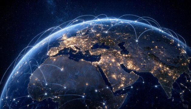 Global digital communication network illuminated on Earth at night from space view