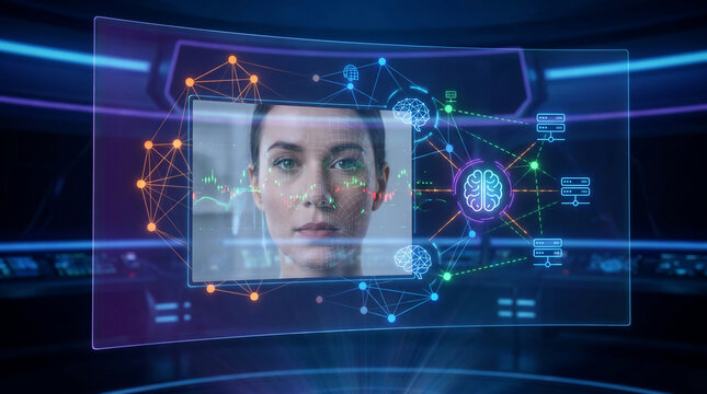 Close-up of a woman's face with a digital overlay of neural networks and data, symbolizing AI and data analysis, technology, future.