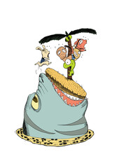 angry shark with island