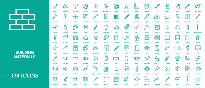 Comprehensive collection of one hundred twenty building materials and hardware line icons for renovation and construction project documentation vector