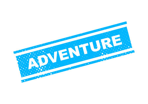 Blue adventure stamp or badge with dotted border illustration