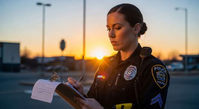 Woman police officer writing a traffic citation on clipboard at sunset. Law enforcement duty, public safety, roadside patrol and professional justice service concept.