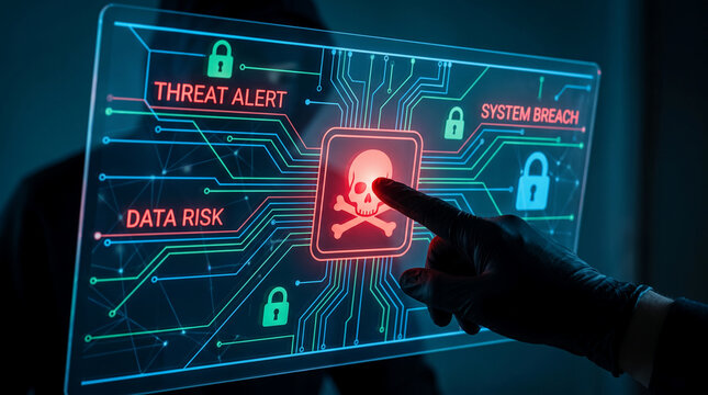A digital interface displays a skull and crossbones, indicating threat alert, data risk, and system breach, symbolizing cyber danger and security concerns