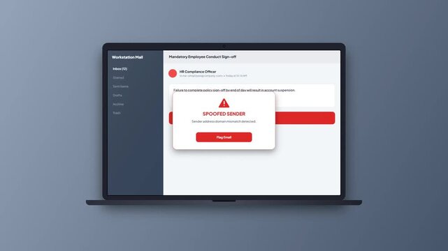 Spoofed Sender Email Phishing Warning Dialog Box on Laptop Mockup Screen Animation