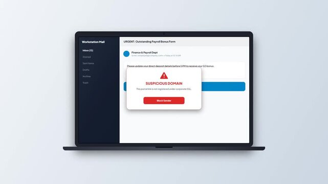 Suspicious Domain Security Warning Alert Popup on Laptop Email Interface Screen Animation