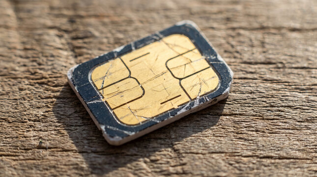 Close-up of a used SIM card with a gold chip on a textured wooden surface, representing technology, connection, and digital identity