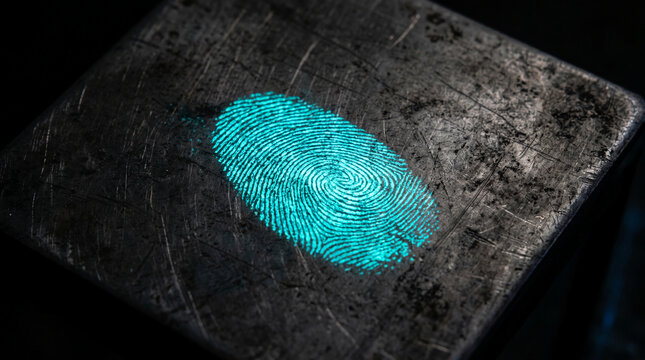 Close-up of glowing turquoise fingerprint on textured dark metal, symbolizing identity, security, and uniqueness