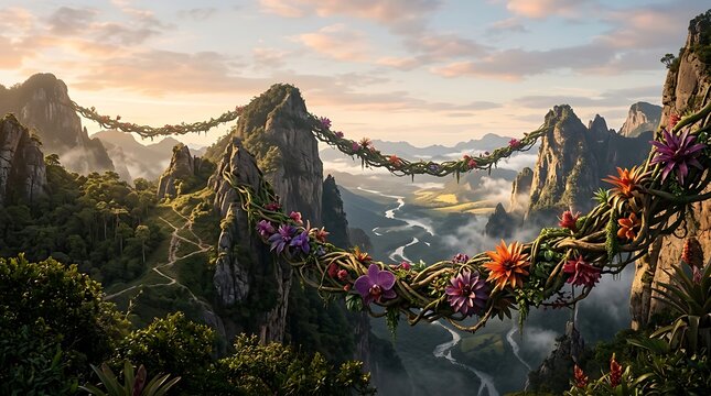 A magical bridge made of vines and colorful flowers crossing between high mountain peaks during a beautiful sunset