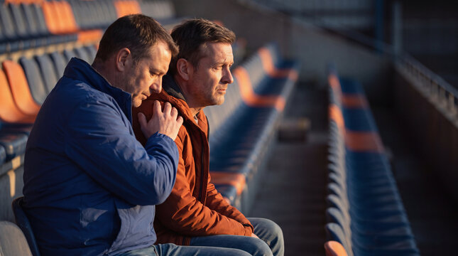 Two male sports fans sitting on stadium bleachers showing team spirit and mutual support