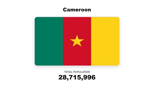 Digital graphics displaying the national flag of Cameroon alongside the country's total population statistic in a clean informational layout