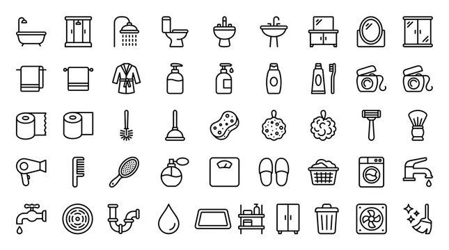 Bathroom Editable Line Icon Set with Bathtub, Shower, Toilet, Sink, Mirror, Towels, Toiletries, Plumbing, and Hygiene Symbols