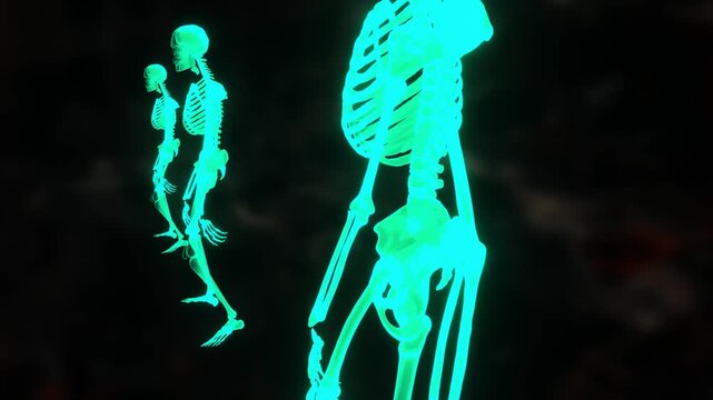 Glowing skeleton dancers move in a low perspective robotic sequence across a dark floor in a 3D animation for Halloween party screens and DJ visuals