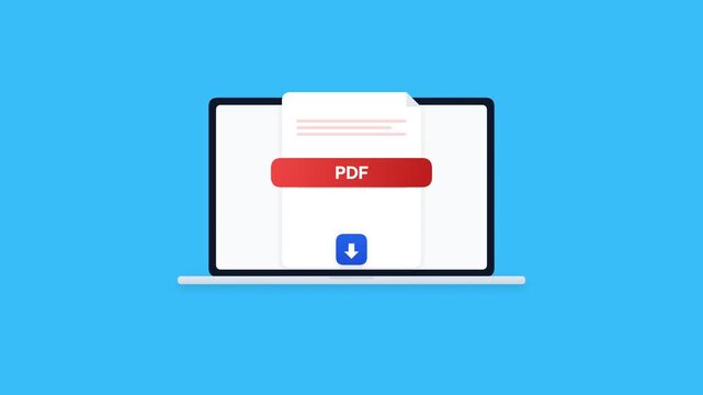 PDF Document Download Icon Animation Flat Laptop Screen Business Tech Concept Motion Graphic 4K