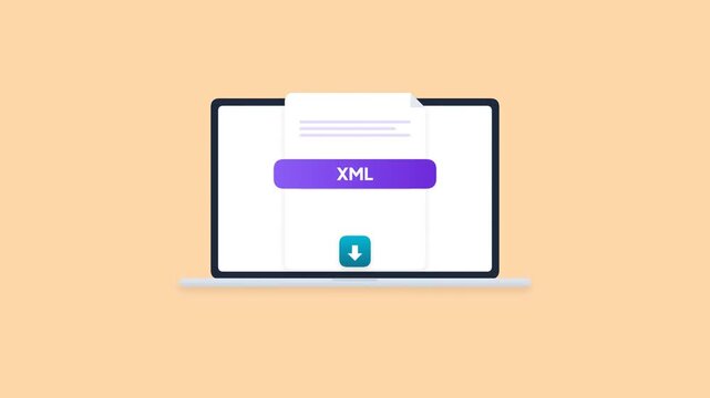 XML File Document Download Icon Animation Flat Laptop Screen Tech Motion Graphic 4K
