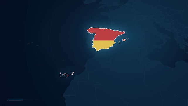 Digital map footage zooming in to highlight the city of Seville in Spain, Europe, with a location pin and geographic locator displayed