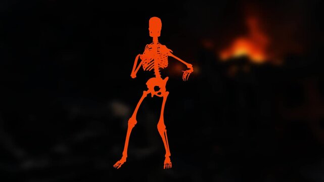 Orange skeleton dances rumba rhythmically in a dynamic 3D animation against a dark smoky background for Halloween party screens and DJ stage visual displays