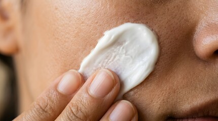 Fototapeta premium Person applying white facial moisturizer cream on brown skin to hydrate and protect face.