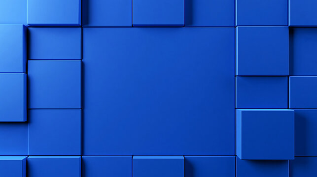 Abstract blue 3D cube blocks arranged with a large central empty space. Versatile background for modern technology or business product promotion.
