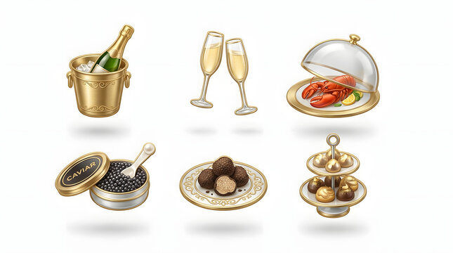 Luxury Bites: A curated collection of gourmet delights, featuring chilled champagne, elegant champagne flutes, succulent lobster, rich caviar, decadent chocolates, and exquisite petit fours.